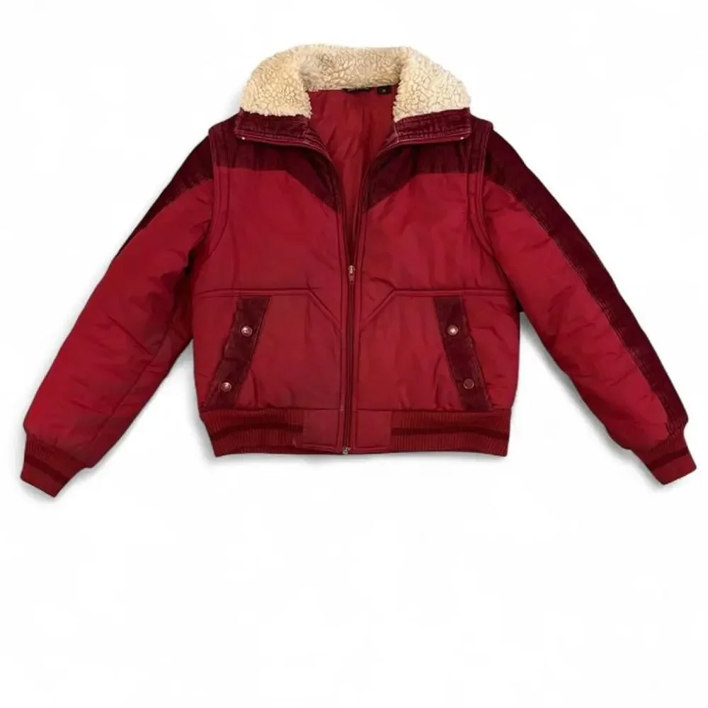 Vintage 60s/70s Burgundy Convertible Puffer Vest Jacket Sherpa Collar